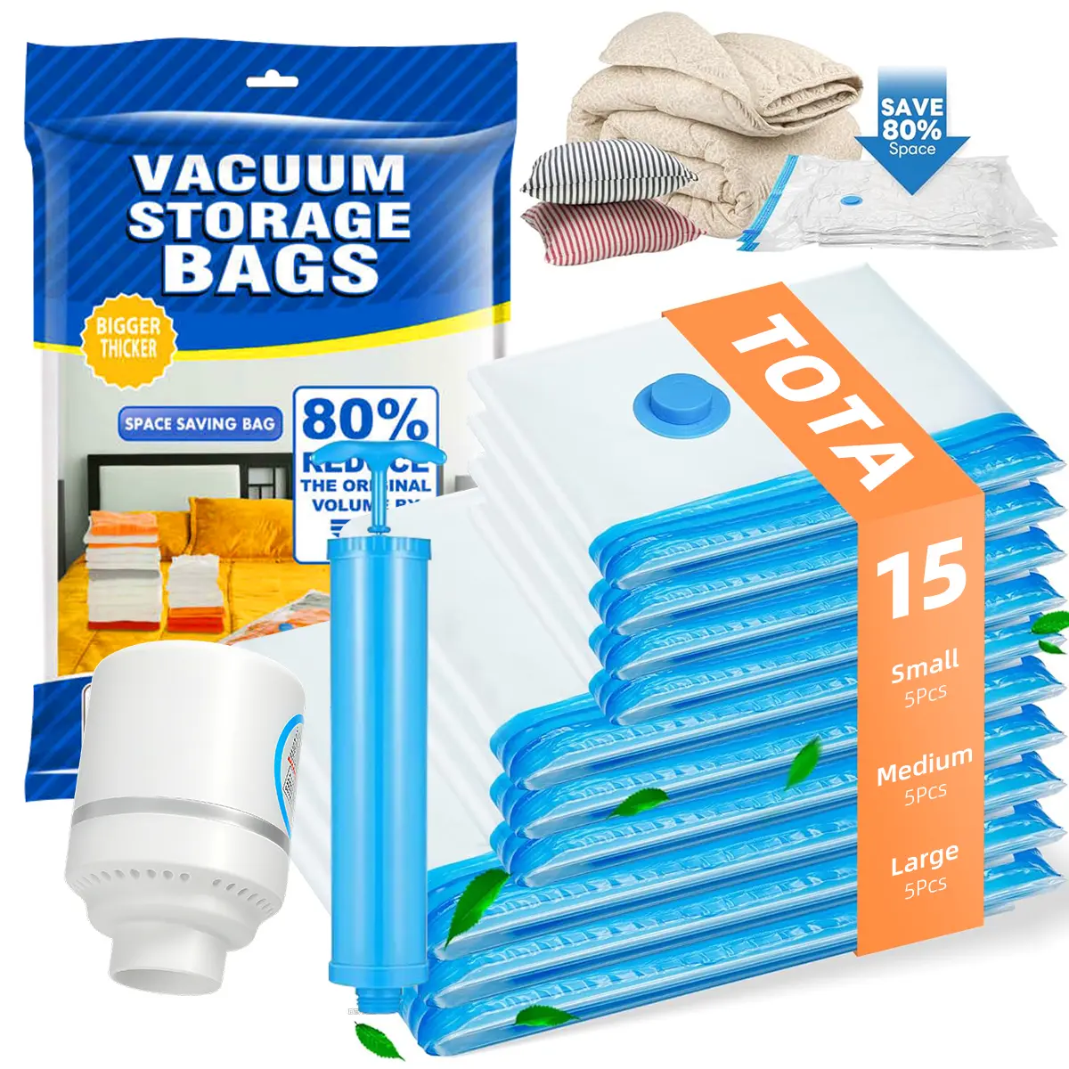 【2026 Upgraded】15 Pack Travel Vacuum Storage Compression Bags with Electric Pump + Manual Pump – Ultra Compact, Lightweight Space Saver Set, Waterproof & Reusable 3 Size Variety Pack for Clothing, Holiday & Outdoor Packing