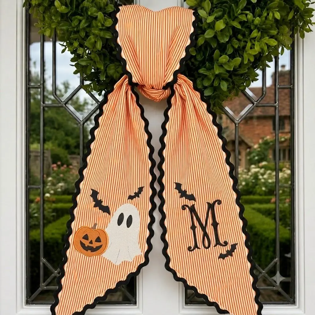 Custom Embroidery Halloween Ghost with Ghost Pumpkins Name Sash, Embroidery Monogram Spooky Bow, Custom Name Gingham Ribbon, Halloween Decor