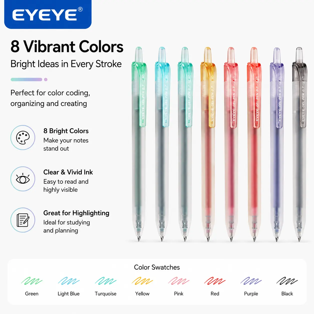 EYEYE G-57 Pen, 0.5,0.7mm Fine Point Gel Pens, Pack of 8 High-Quality Office Writing Tools for Smooth Writing Experience,summerwins Jelly Pen Set Multi Color Pens