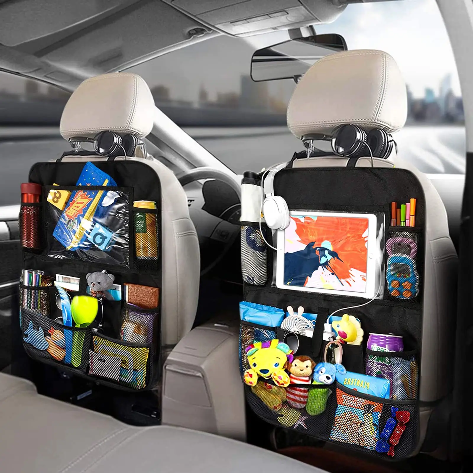 Black Backseat Car Organizer, Kick Mats Back Seat Protector with Touch Screen Tablet Holder, Back Seat Organizer for Kids, Travel Accessories with 9 Storage Pockets