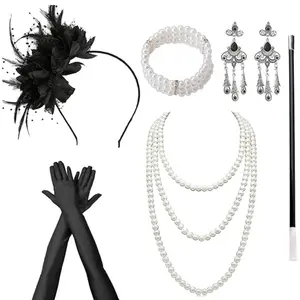 1Set 1920s Accessories for Women, Feather Headband Fashion Roaring 20's Theme Set, Pearl Necklace Jewelry Cigarette Rod Black