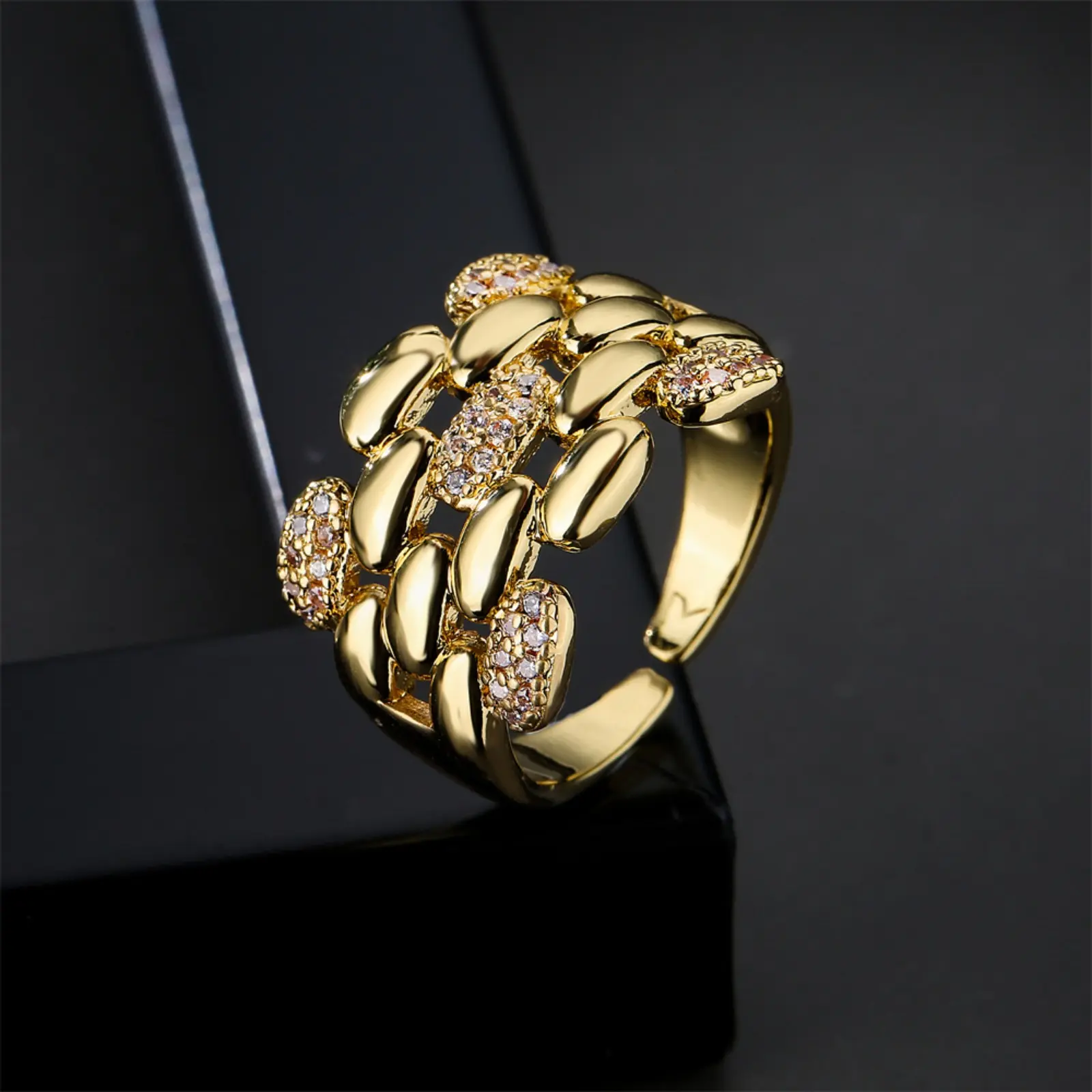 18K Gold-Plated Copper Open Ring with Zircon Inlay — Trendy INS-Style Geometric Jewelry