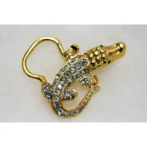 Vintage Jewelry Gold Tone and Rhinestone Alligator Pin Brooch, Eye Glasses Holder, Crocodile Brooch, Animal Brooch, Lizard Brooch