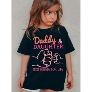 Girls' "Daddy & Daughter Best Friends for Life" Graphic Tee - Casual Black Polyester T-Shirt with Pink Fist Print, Round Neck, Machine Washable - Perfect for Spring/Summer, Spring Summer Wear |   Casual Round Neck |   Comfortable Fit