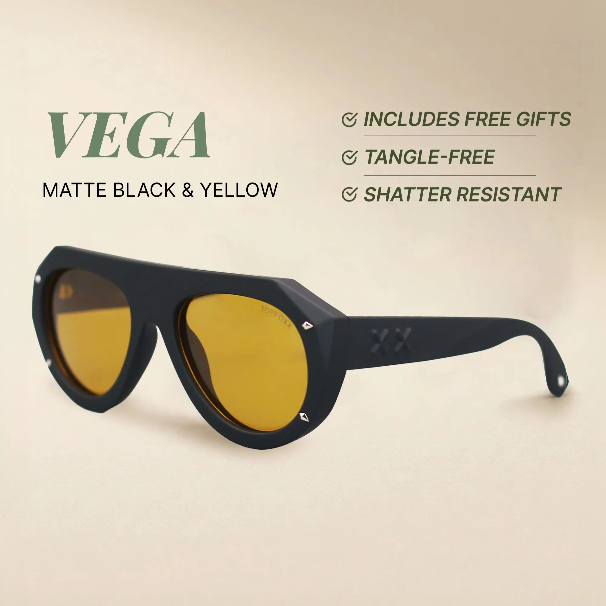 Vega - Matte Black & Yellow - Tangle Free Shield Sunglasses - Certified Shatter-Resistant Lenses - UV400 - For Women & Men