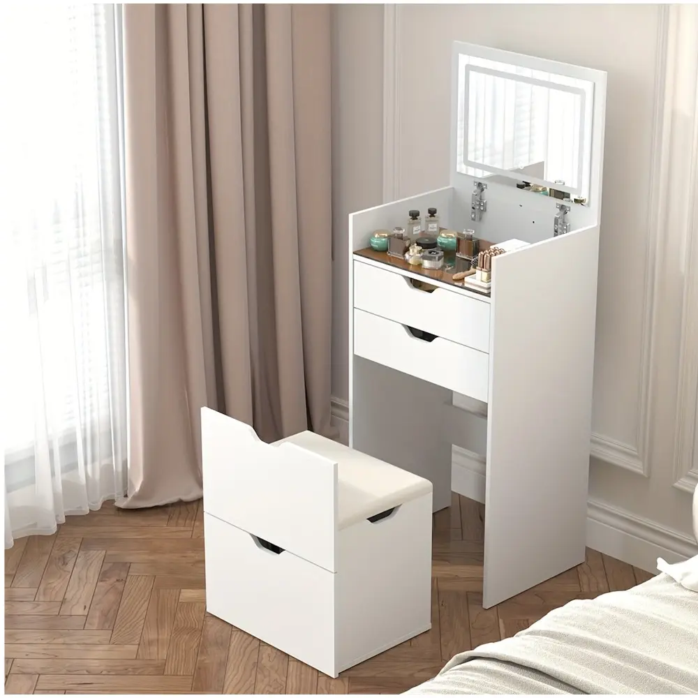 3-in-1 Glam Waterproof Rectangular LED Vanity Table Set - Multifunctional Desk with Stool, Multi-Mode Lighting (3 Modes), HD Mirror, 2 Sliding Drawers, Hidden Storage Stool for Indoor Furniture