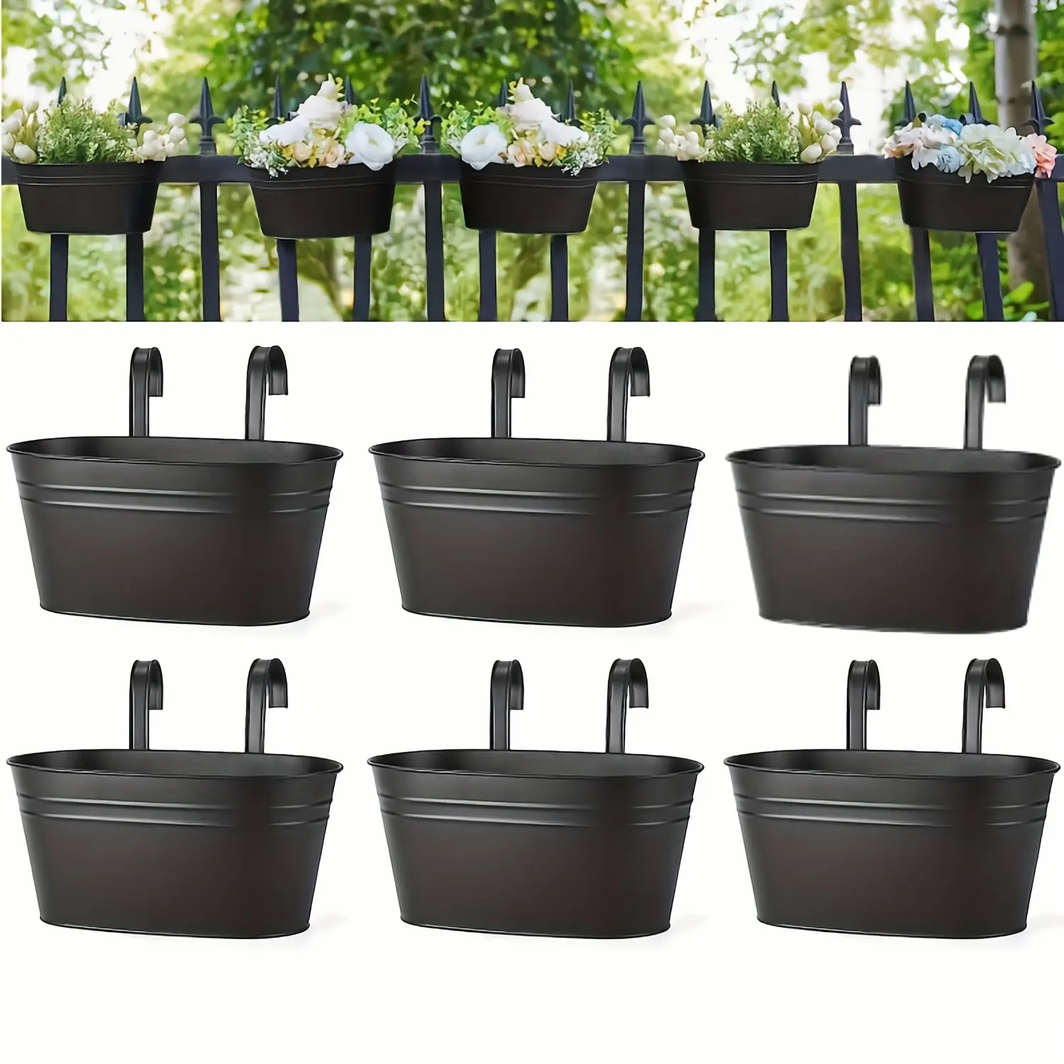 Set of 6 Black Metal Iron Flower Pots Designed for Hanging on Railings And Fences, Perfect for Rural-Style Windows, Featuring Removable Hooks