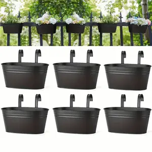 Set of 6 Black Metal Iron Flower Pots Designed for Hanging on Railings And Fences, Perfect for Rural-Style Windows, Featuring Removable Hooks