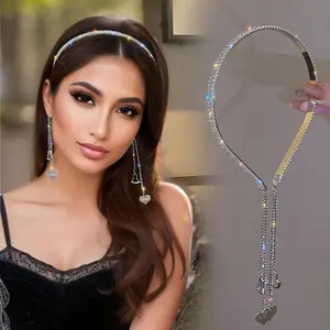 [Luxury Rhinestone Headband] Cute Luxury Rhinestone Chain Women's Tassel Headband - Elegant Iron Daily Headband with Lover Pendant, Single Piece, Solid Color Hair Accessory, Suitable for Parties And Birthdays