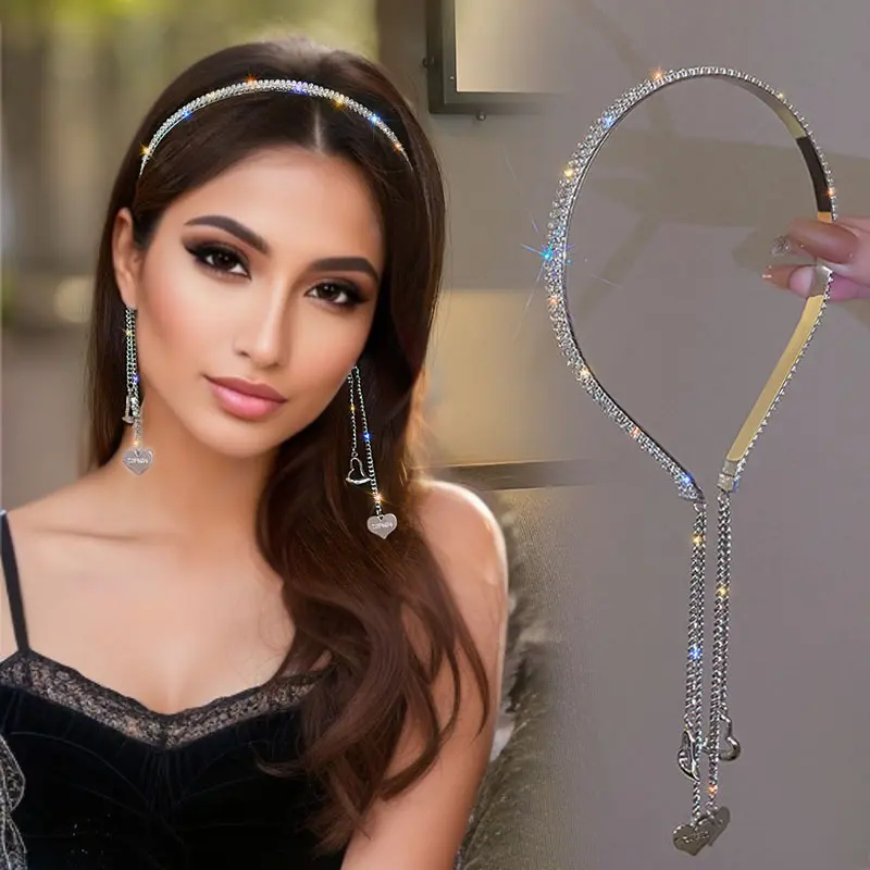 [Luxury Rhinestone Headband] Cute Luxury Rhinestone Chain Women's Tassel Headband - Elegant Iron Daily Headband with Lover Pendant, Single Piece, Solid Color Hair Accessory, Suitable for Parties And Birthdays