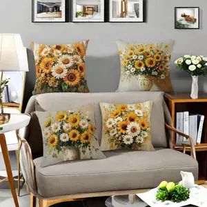 Sunflower Pattern Cushion Cover, 4 Counts/set Square Throw Pillow Cover, Household Decoration Supplies for Home Living Room Bedroom