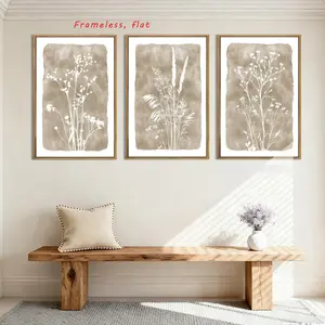 3-Piece Set / Beige Artwork, Beige Floral Wall Art, Rectangle Wall Art, Neutral Wildflower Wall Decor, Vintage Plant Art Print, Suitable for Living Room, Bedroom, Office, Waterproof, Frameless Artwork, Unframed Wall Art, Rectangle Design