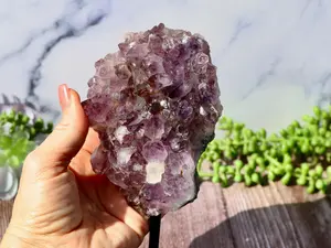 Amethyst Crystal Cluster with Calcite on Display Stand