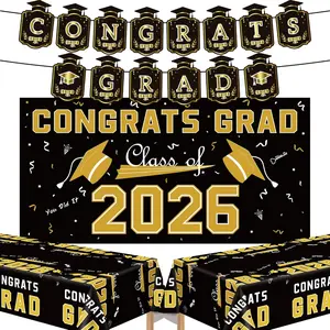 2026 Graduation Decorations Black Gold Congrats Grad Banner Backdrop Tablecloth Set Class of 2026 Graduation Party Favors Supplies