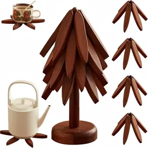 Natural Tree Trivet Set - 4 Wooden Trivets & 1 Stand - Heat-Resistant Foldable Design - Durable High-Quality Solid Wood - Ideal for Hot Dishes Pots Bowls Teapots - Kitchenware Tableware Coasters Coffee Table Mat