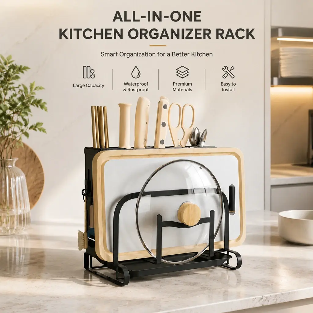 Stainless Steel Vertical Space-Saver Kitchen Countertop Organizer Rack - Durable Rectangle Carbon Steel Holder with Quick Tool Access for Utensils, Chopsticks, Spoons, Pot Lids, Cutting Boards, Knives, Knifeholder