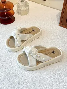 Girls' Pearl Decorated Slippers, Traditional Knot Soft Elastic Thick Sole Non-Slip Summer Outdoor Sandals, Versatile One-Piece Design, Open Toed Slippers