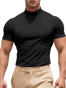 Men's Summer Short Sleeve T-Shirt, Solid Color Fashion Casual High Neck Thin Top, Trendy Basic Tee for Daily Wear
