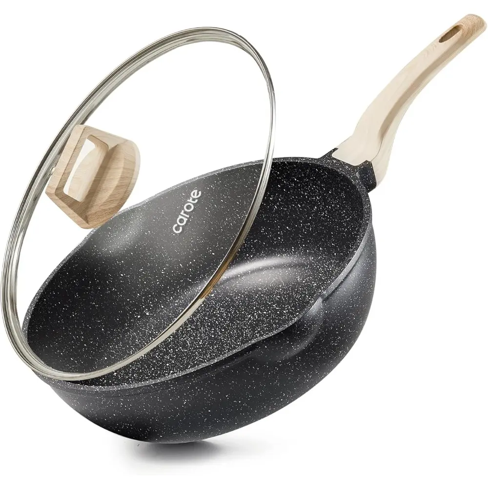 12Inch Nonstick Deep Frying Pan with Lid, 5.5 Qt Jumbo Cooker Saute Pan with Pour Spout, Skillet Induction Cookware, Non Stick Cooking Pan PFOA Free, Classic Granite