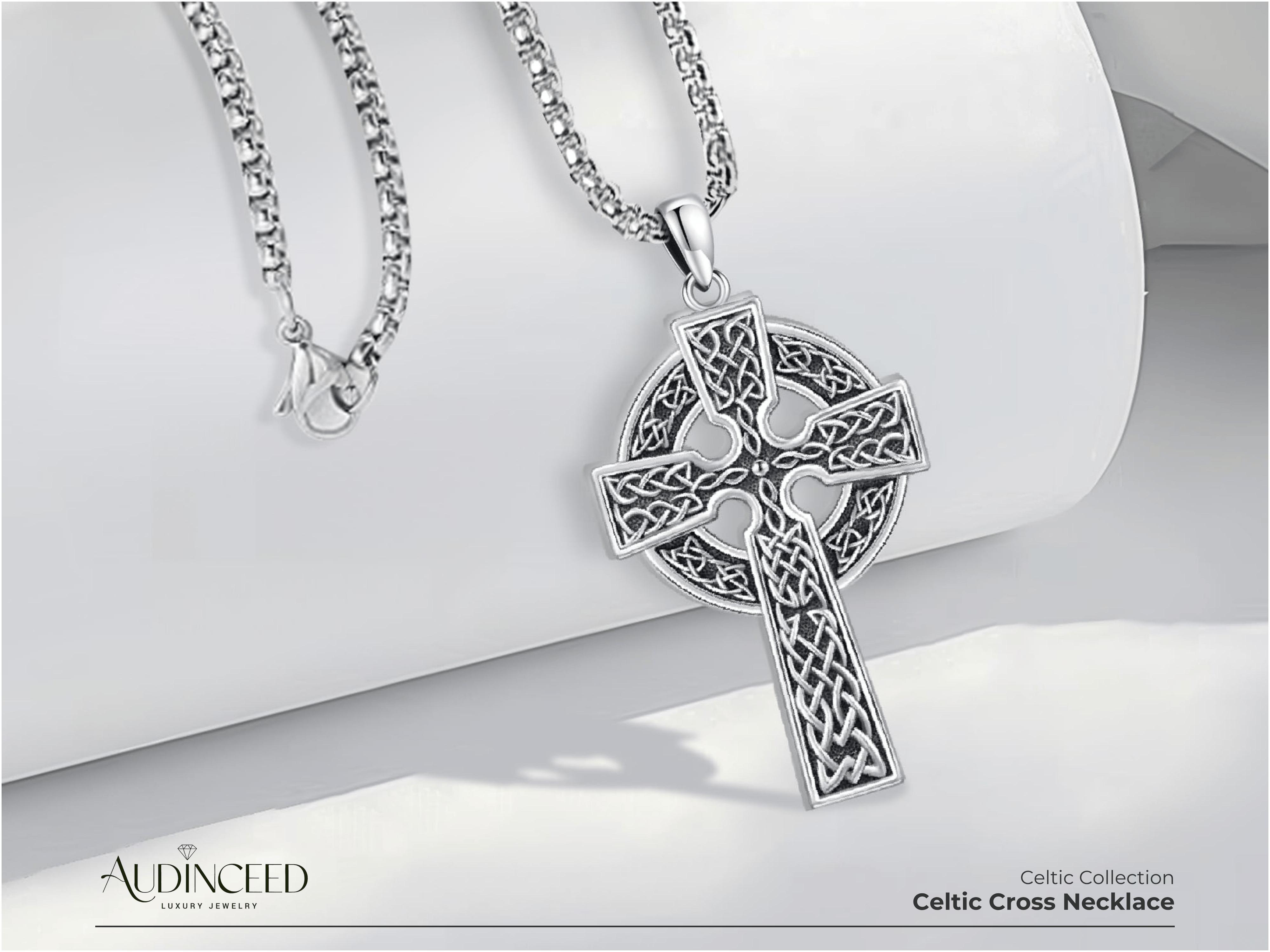 Audinceed Celtic Cross Necklace, S925 Sterling Silver Celtic Knot Cross Pendant Irish Knot Crucifix Amulet Blessed Silver Necklace Pendant Jewelry Gift  for Men Women