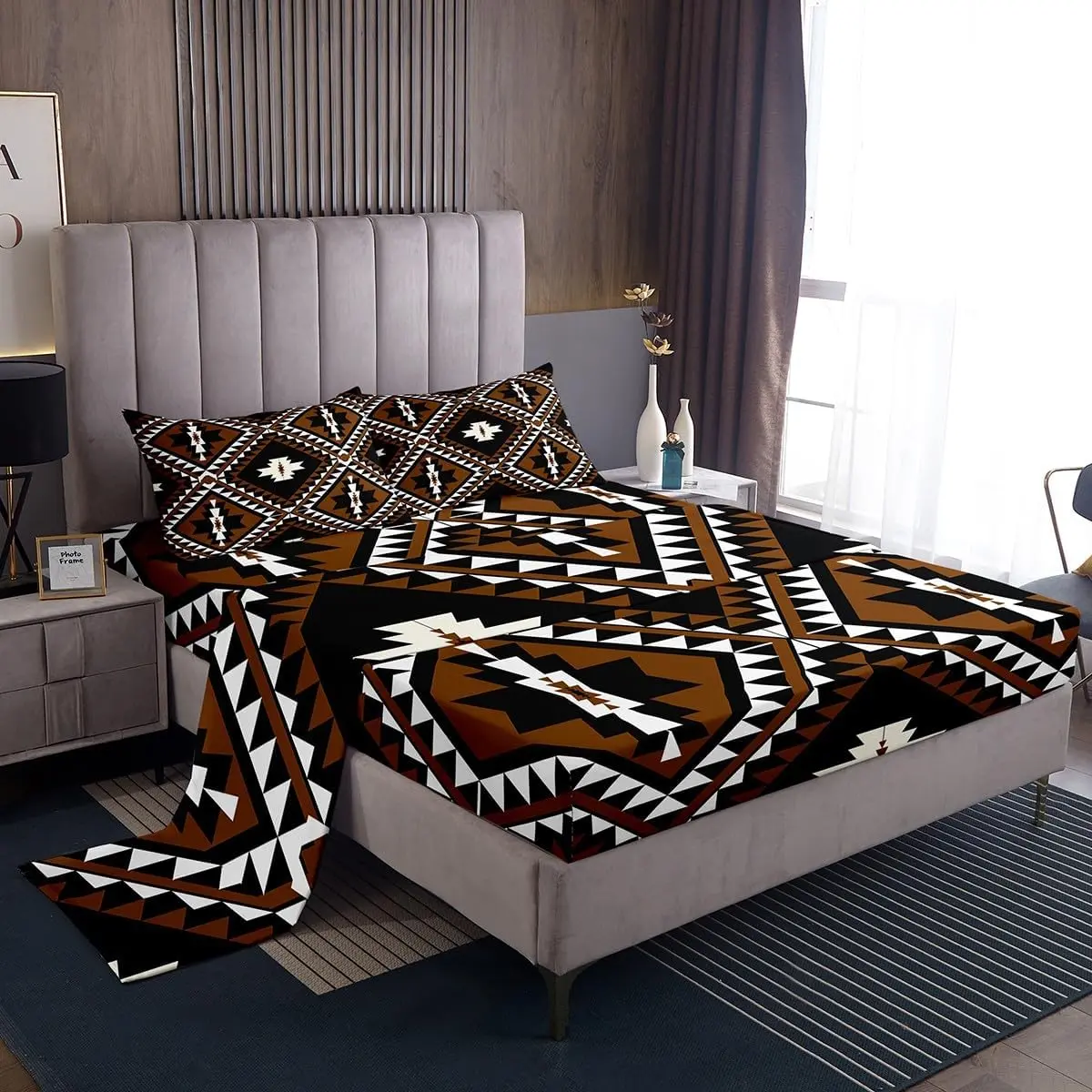 Feelyou Microfiber Bed Sheets Set - Boho Fitted Sheet, Rustic Western Southwestern Aztec Mexican Geometric Diamond Farmhouse Bedding for Men, King Size, Aztec Flat Sheets