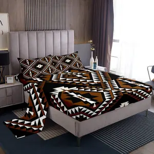 Rustic Western Bed Sheets For Men,Southwestern Aztec Sheet Set,Bohemian Ethnic Mexican Style Geometric Diamond Farmhouse Fitted Sheet