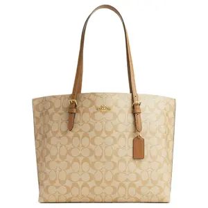 Coach Mollie Classic Monogram Central Zip Compartment Tote Bag for Women, Coated Canvas and Leather, Light Khaki