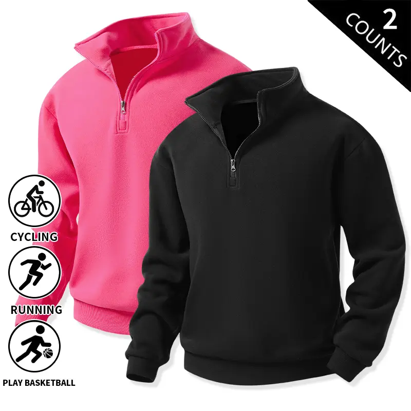 2-Pack Men’s Quarter-Zip Pullover Sweatshirts with Stand Collar, Long Sleeves, Oversized Loose Fit Fleece Sweat Tops – Casual Sports Shirts for Running, Street Fashion, Fall/Winter Outfits
