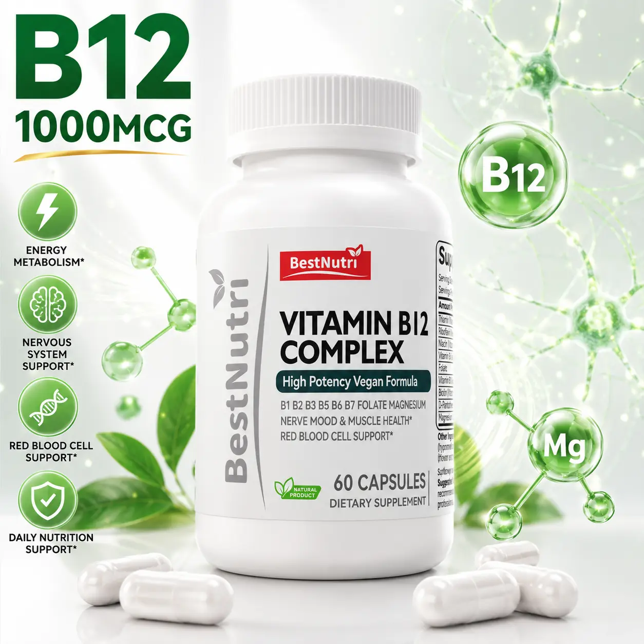 Vitamin B12 Complex 1000Mcg High Potency - Complete B-Complex with B1, B2, B3, B5, B6, B7, Folate, Magnesium - Vegan Formula - Nerve, Mood, Muscle & Immune Support - Heart & Blood Health - 90 Capsules/ 90-Day Supply, Dietary, Supplement