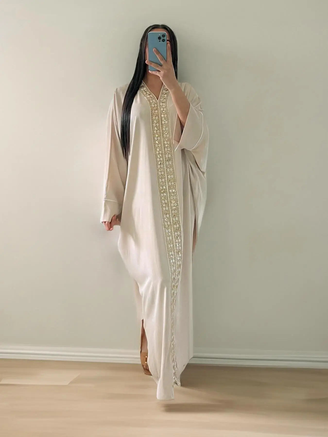 Arabic Clothing, Contrast Sequin Batwing Sleeve V Neck Design Kaftan Dress, Elegant Long Sleeve Arabian Dress for Women, Women's Islamic Clothing for Summer, Modest Clothes, Muslim Gown