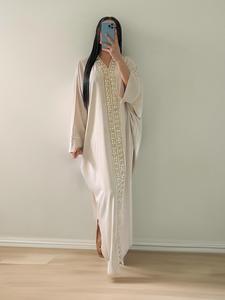 arabic clothing-contrast sequin batwing sleeve v neck kaftan dress, summer outfits 2024, elegant long sleeve arabian dress for women, women's islamic clothing for summer