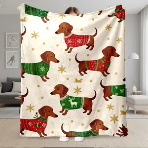1pc Christmas Dachshund Dog Sweater Pattern Flannel Blanket, Super Soft Cozy Warm Throw for Sofa, Bed, Travel, Camping, Office, Holiday Home Decor Gift