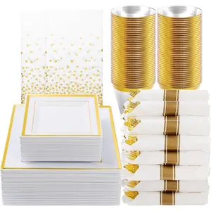 Goodluck 352 Pieces Gold Dinnerware Set for 50 Guests, Thanksgiving Square Plastic Plates with Gold Trim, Include: 100 Plastic Plates, 50 Rolled Napkins, 50 Cups, 50 Cutlery Set and 2 Tablecloth