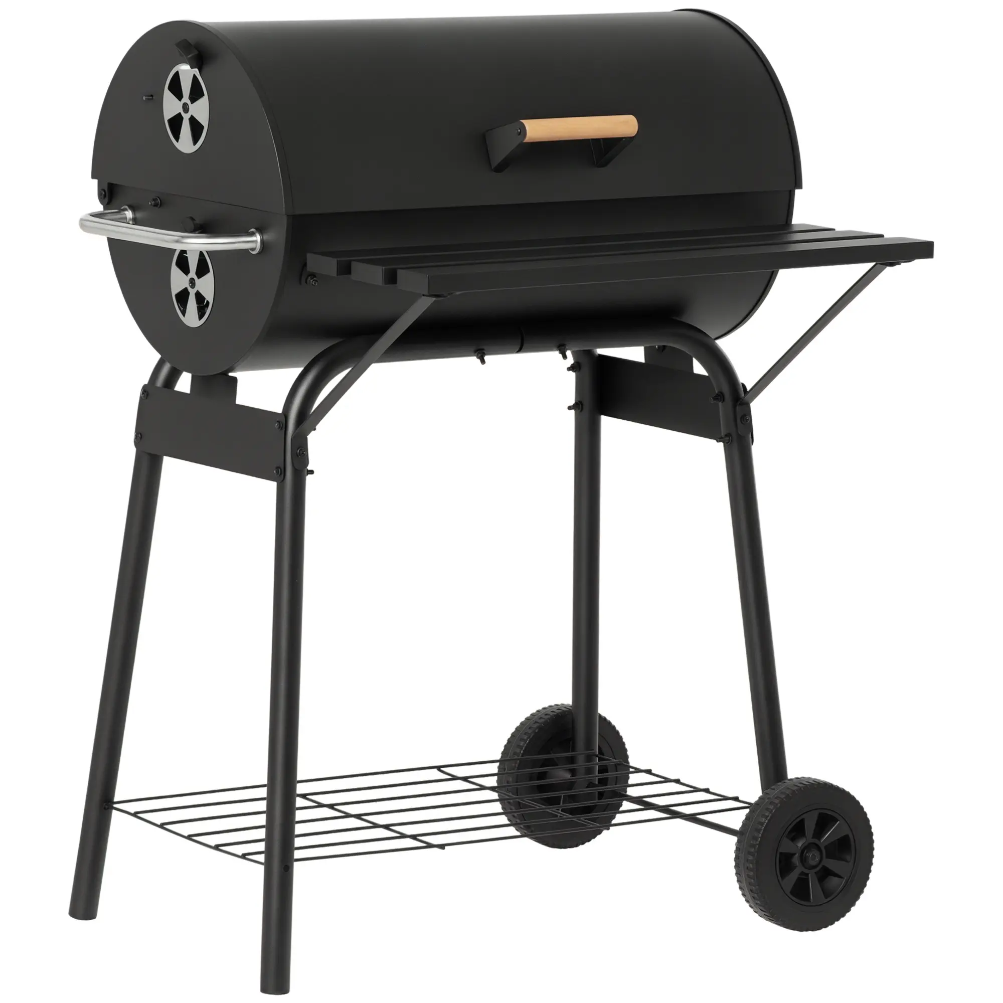 Outsunny 30" Steel Barrel Charcoal Barbecue Grill & Bbq Pit - 370 Sq In Cooking Space, Outdoor Smoker, Storage Shelves, Wheels, Side Handle, Open Flame Grill, Portable Black, Ideal for Garden, Outdoor Patio