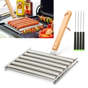 Hot Dog Roller for Grill Stainless Steel BBQ Hot Dog Grill Roller with Wooden Handle, Sausage Roller Rack for Evenly Cooked Hot Dogs, 4 BBQ Skewers Included, 5 Hot Dog Capacity, Large