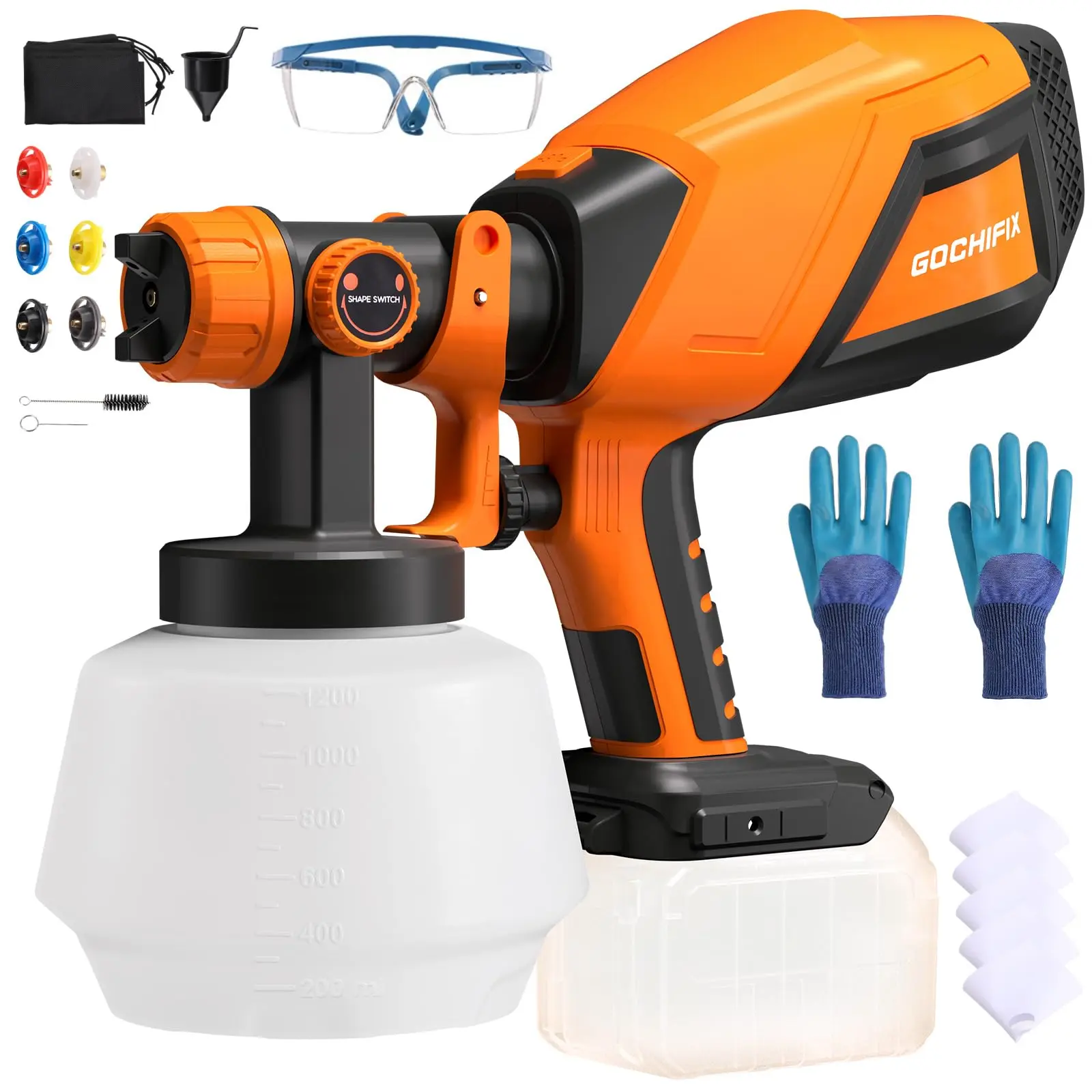 Cordless HVLP Electric Spray Gun, 3 Optional Types: 2*4.5Ah Battery, Dewalt 20V Compatible No Battery, Milwaukee 18V Compatible No Battery, 6 Nozzles, Adjustable Flow & Width Control, 1200ml Container, Easy to Clean for House Furniture DIY Painting