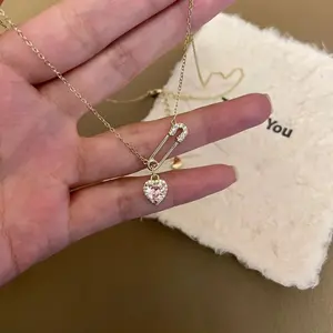 S925 sterling silver pink diamond heart pin necklace female personality sweet light luxury temperament girly heart gold necklace