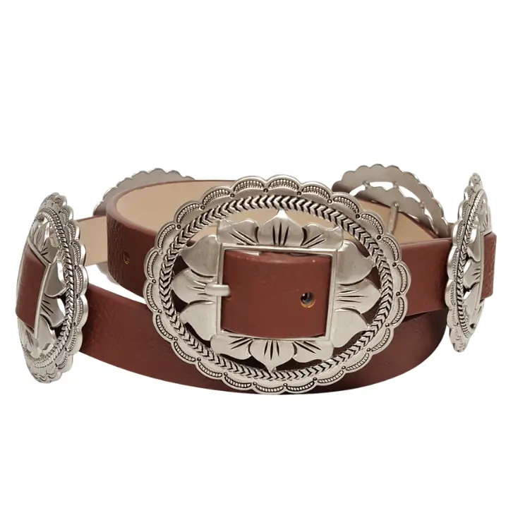 Trendy Cowgirl Western-Inspired Floral Silver Concho Belt Leather Waistband