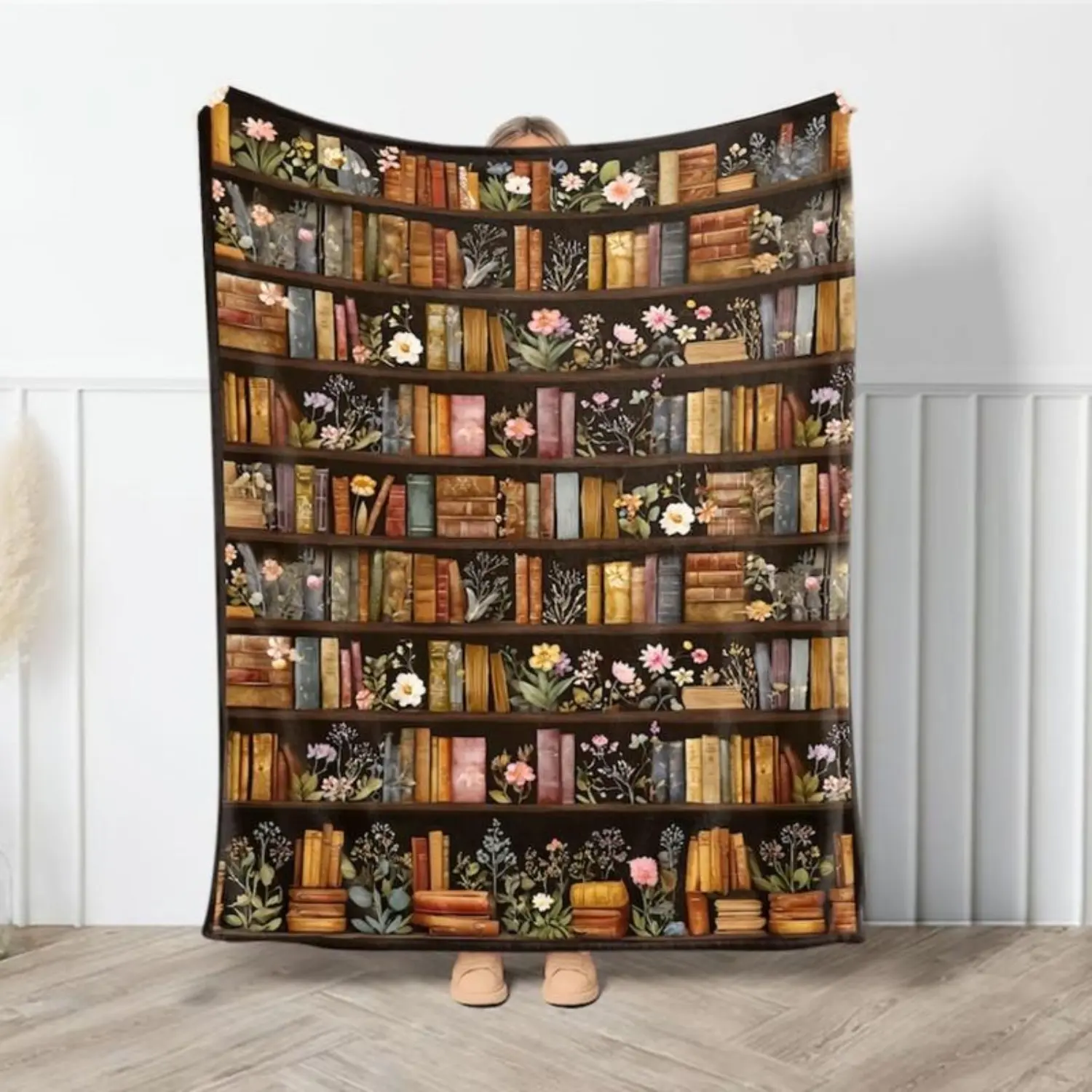 Vintage Bookshelf Library Throw Blanket, Cottagecore Book Wildlowers Blanket Gift For Book Lover Library Gift Floral Bookish Gift For Reader Blanket All-Season Home Bedroom Bed Sofa Picnic Cover  Family Friends and Chridren Perfect Gift Christmas Present