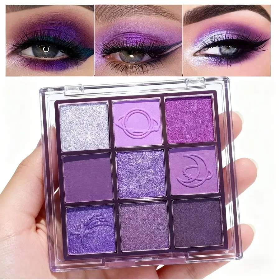 Purple Eyeshadow Palette 9 Colors, Pressed Eyeshadow Makeup, Matte, Shimmer & Glitter Violet Shades, Highly Pigmented Long Lasting Waterproof Eye Makeup, Smokey & Natural Look, Makeup Palette for Daily, Party & Festival