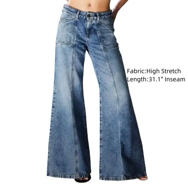 Flamingals Stitch Detail Wash Stretchy Low Waist Wide Leg Jeans Denim Chic Blue Casual