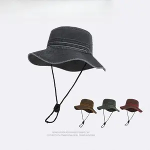 Spring and summer outdoor mountaineering fishing sun hat Korean version big brim breathable bucket hat British retro denim sun protection hat