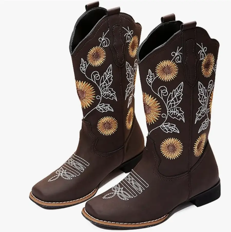 gloryinterest Cowboy Boots for Women Mid Calf Cowgirl Western Boots Sunflower Embroidery Stitched Square Toe Low Heel Black Brown Yellow US6-10.5