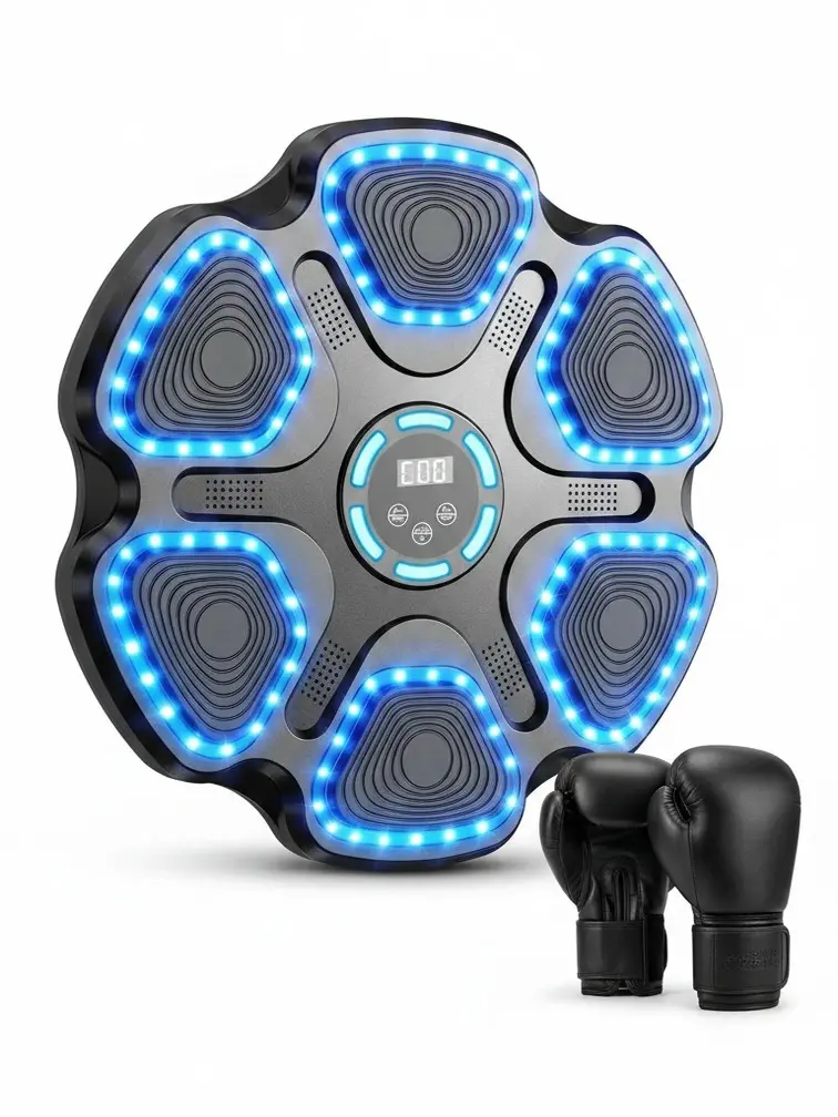 Smart Music Boxing Machine with Gloves, Bluetooth Integration, LED Sensors, High-Rebound Padding – Interactive LED Targets for HIIT Training, Stress Relief, Athletes, Kids & Apartments, Space Saver, Compact, Wall Mountable, Adhesive Strips, All Ages, Begi