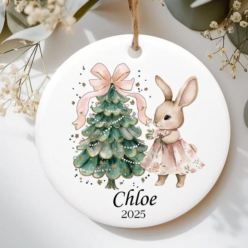 Personalized Girl Christmas Ornament, Custom Girl Ornament, Pink Bow Bunny Ornament, Baby girl first Christmas, Kids Christmas Ornament
