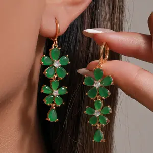 18K Gold Plated Green Jade Gemstone Sunflower Flower Long Dangle Earrings for Women Hypoallergenic Cubic Zirconia Chandelier Drop Earrings Elegant Statement Jewelry Gifts