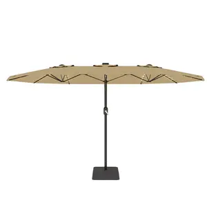 [FLASH SALE] Garvee 15' Rectangular Patio Umbrella with Solar LED Lights & Base, Crank Handle UV-Resistant Outdoor Market Umbrella for Backyard, Pool & Patio, Tan