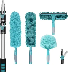 20 Foot High Reach Duster Kit with 5-12FT Extension Pole High Ceiling Dusting and Window Cleaning Kit with Telescopic Pole Window Washer&,Cobweb Duster,Fan Duster and  Duster