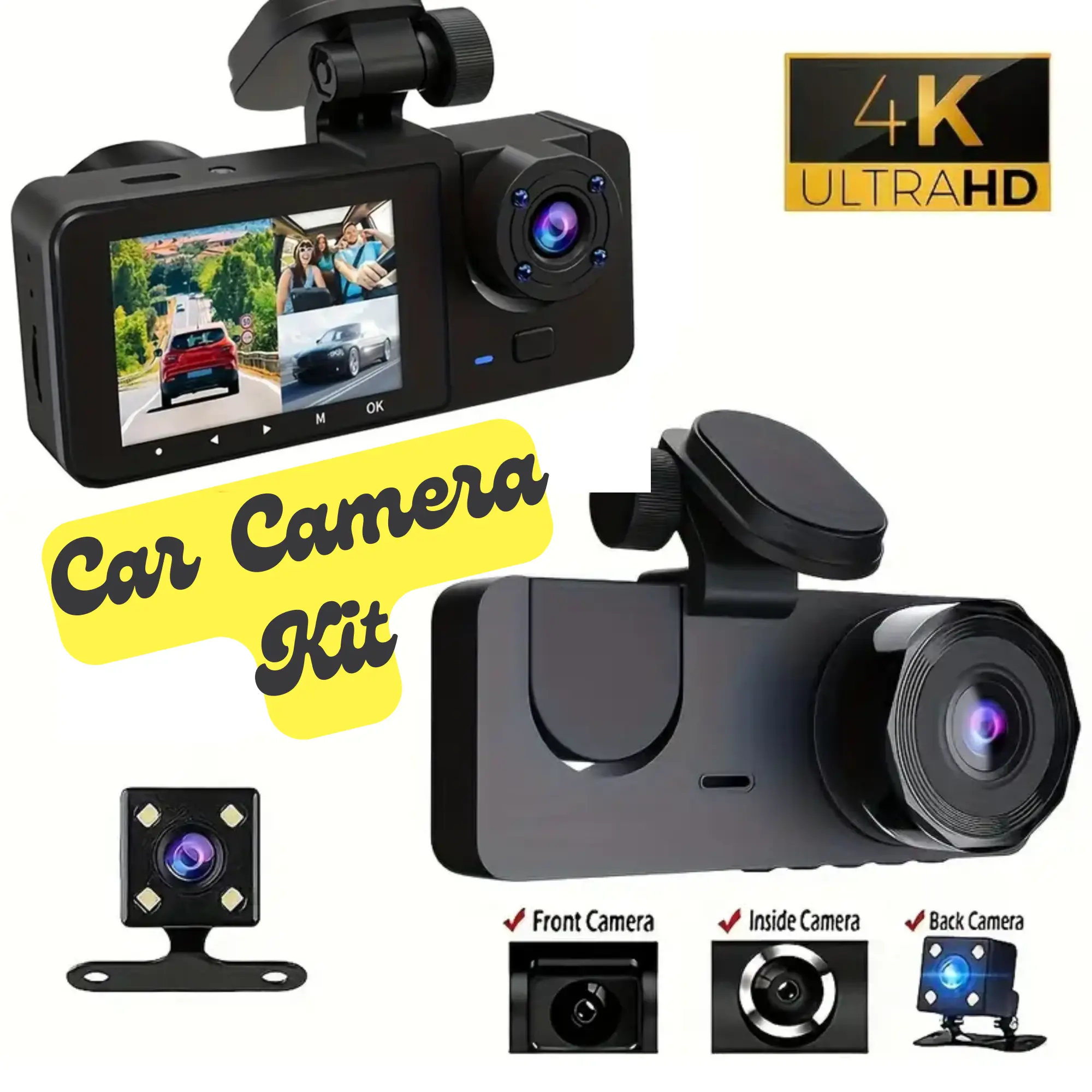 4K Dash Cam 3-Channel Car Camera Kit with Infrared Night Vision, 24-Hour Loop Recording, G Sensor, Front & Rear Interior, Supports up to 32GB