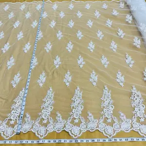 Bridal Beaded & Corded Net Mesh Lace Fabric, 54 in 1 yd, Scalloped Edge, Embroidered Floral Motifs, Handmade Detailing - Evening Couture & Custom Garment Design | Lace USA-91443W-HB